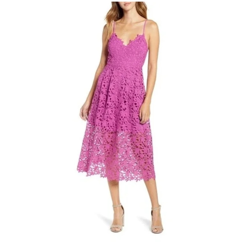 Astr Fuchsia Lace Midi Dress with Spaghetti Straps